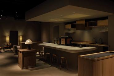 SAUNA SAKURADOの1Fに併設されたカフェバーの夜の姿