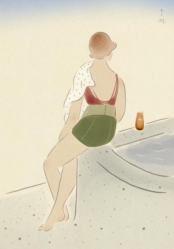 プイベートサウナの水深深い水風呂でくつろぐ女性