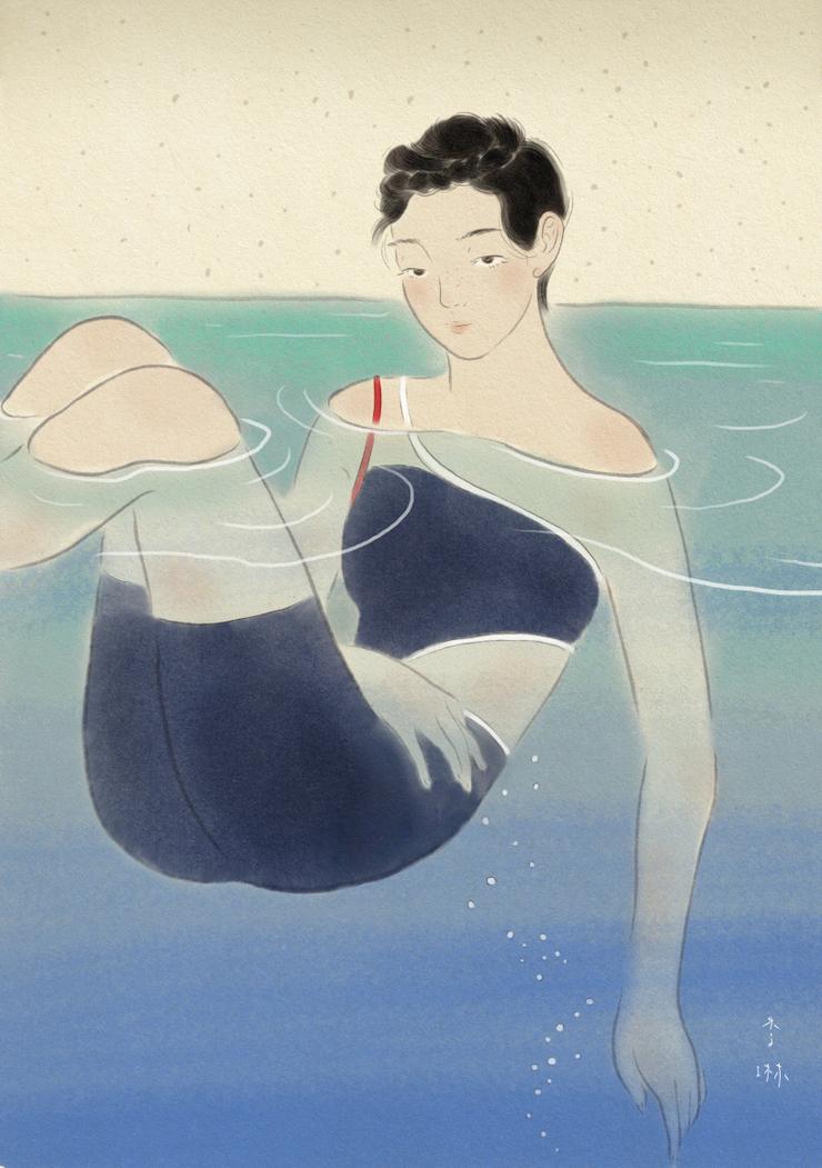 水風呂に浸かる女性の絵