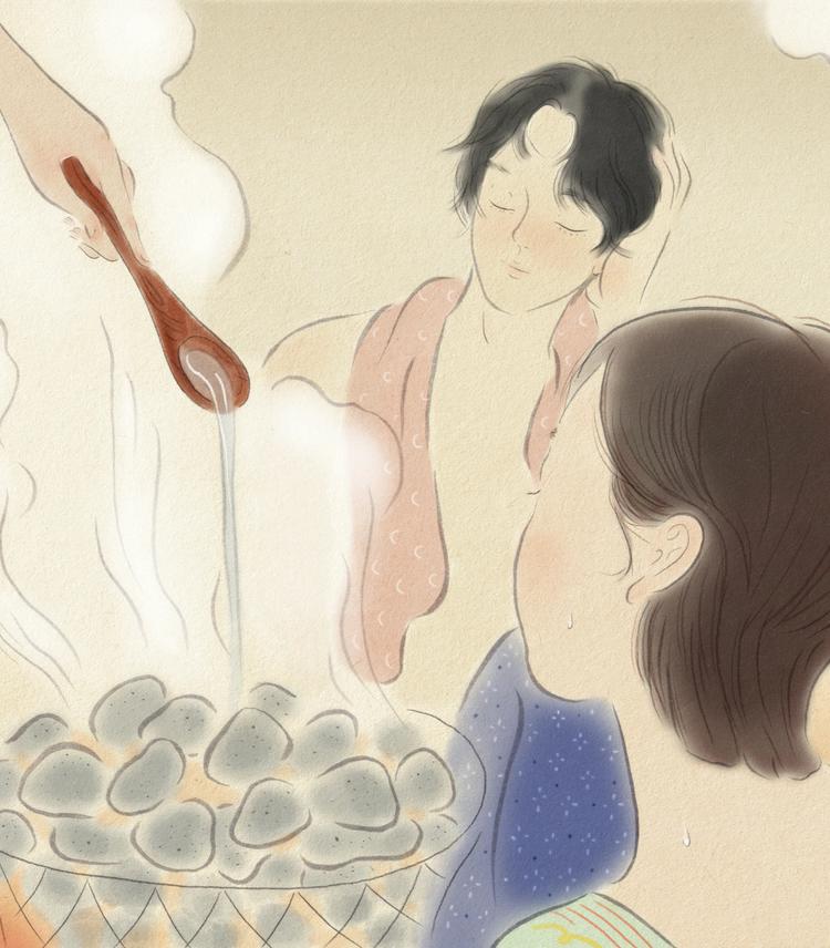 プライベートサウナでほうじ茶ロウリュを楽しむ男女