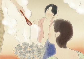 プライベートサウナでほうじ茶ロウリュを楽しむ男女